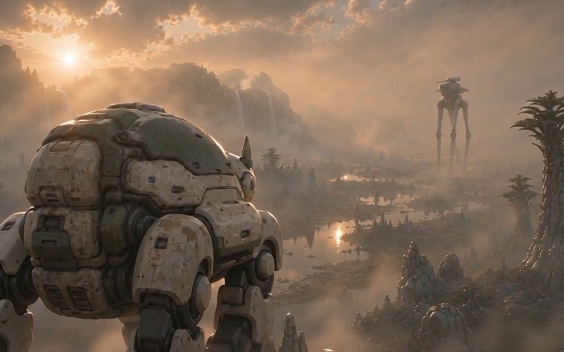 A giant mechanised being moves through a misty landscape while another stands in the distance.